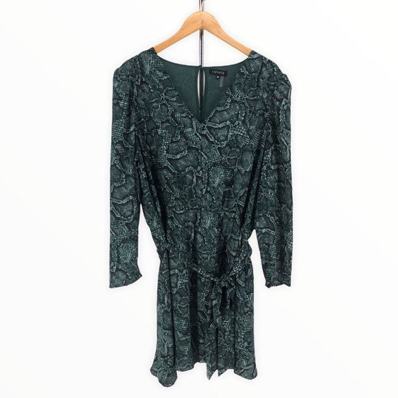 1. State Tie Waist Green Snake Print Belted Surplice Neck Dress in Pine Grove - Picture 2 of 10